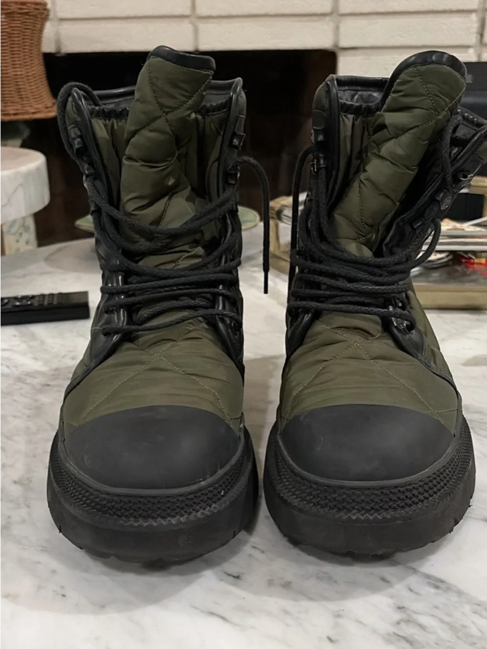 Salvatore Ferragamo Olive Quilted Nylon Leather Rally Combat Boots
